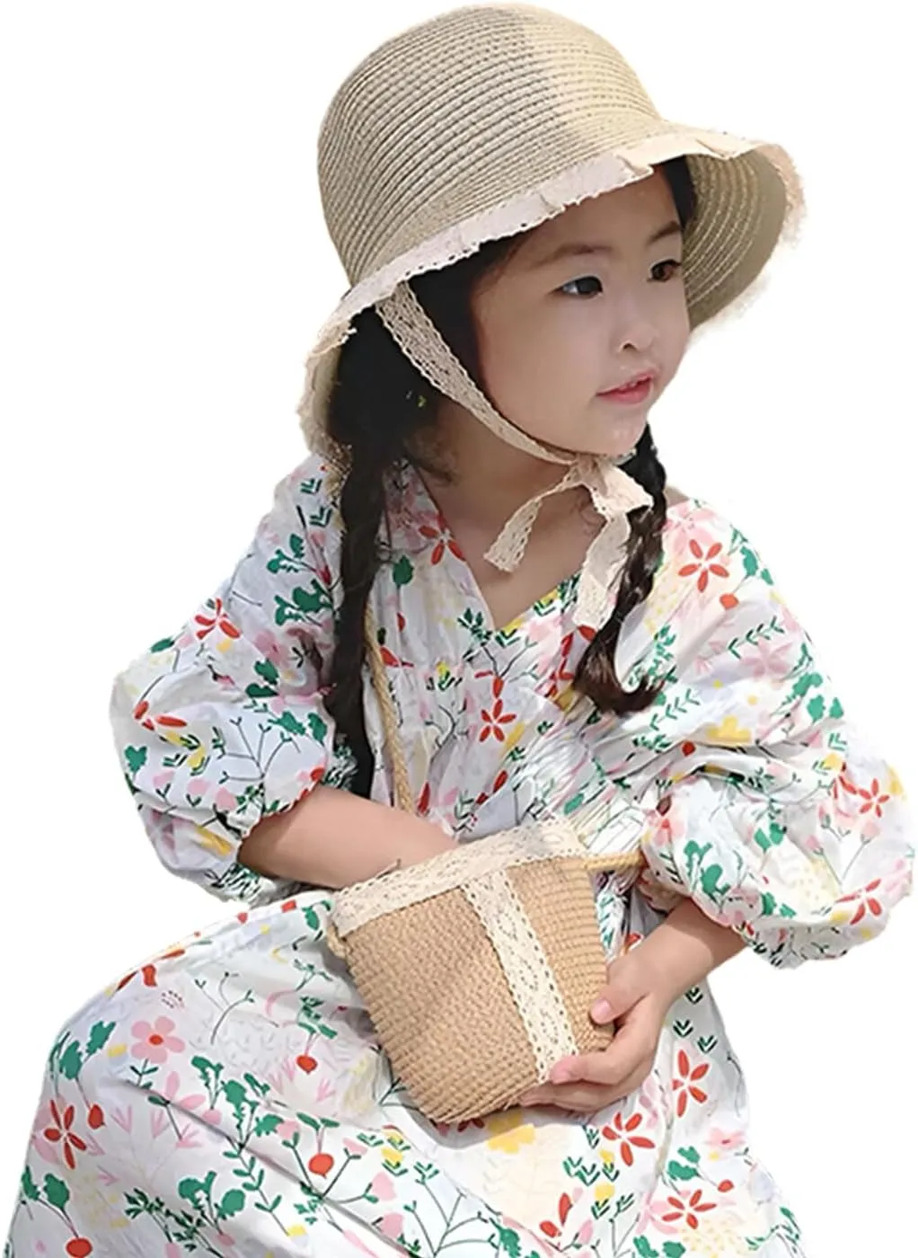 2 Pcs Girls Summer Straw Hat with Shoulder Bag Set Wide Brim Straw Sun Cap UV Protection Cute Lace Design Beach Hat