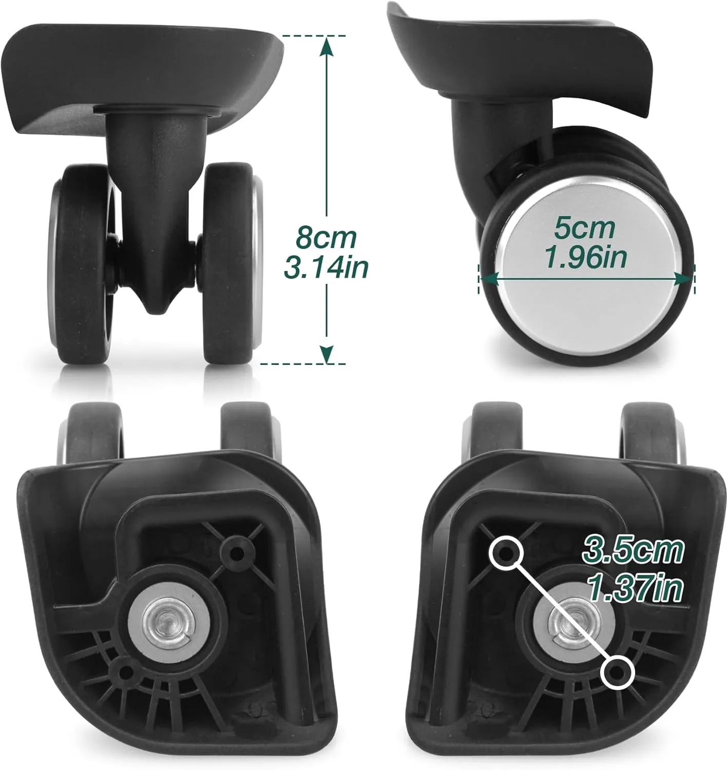 2-Pcs Luggage Wheels Replacement, Double-Row 360 Degree Wheels for DIY Repair, Mute Suitcase Casters for Travel, A159