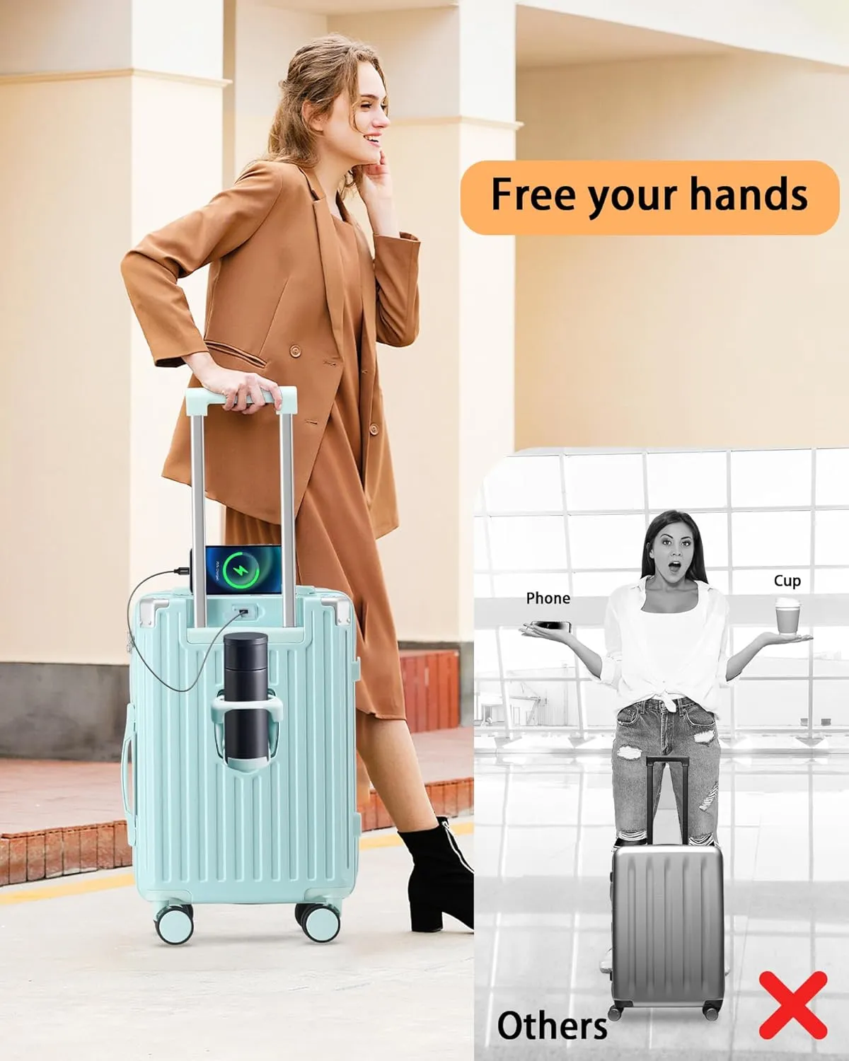 20 Inch Carry On Luggage With Cup Holder & USB Port, Airline Approved TSA-locked Luggage, Lightweight PC Material Travel Suitcase With 360° Spinner Wheel