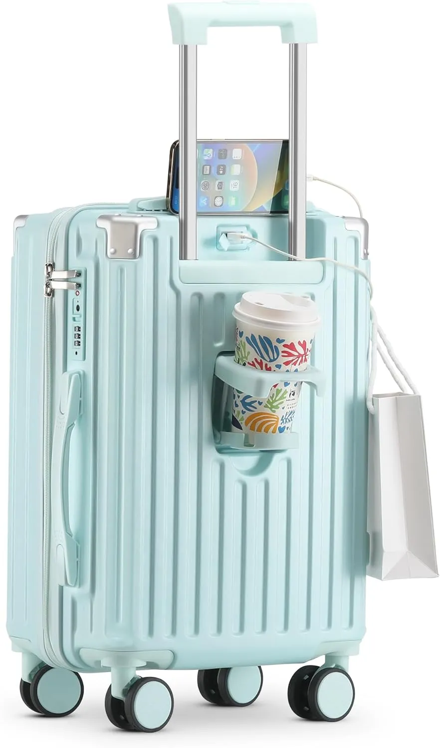 20 Inch Carry On Luggage With Cup Holder & USB Port, Airline Approved TSA-locked Luggage, Lightweight PC Material Travel Suitcase With 360° Spinner Wheel
