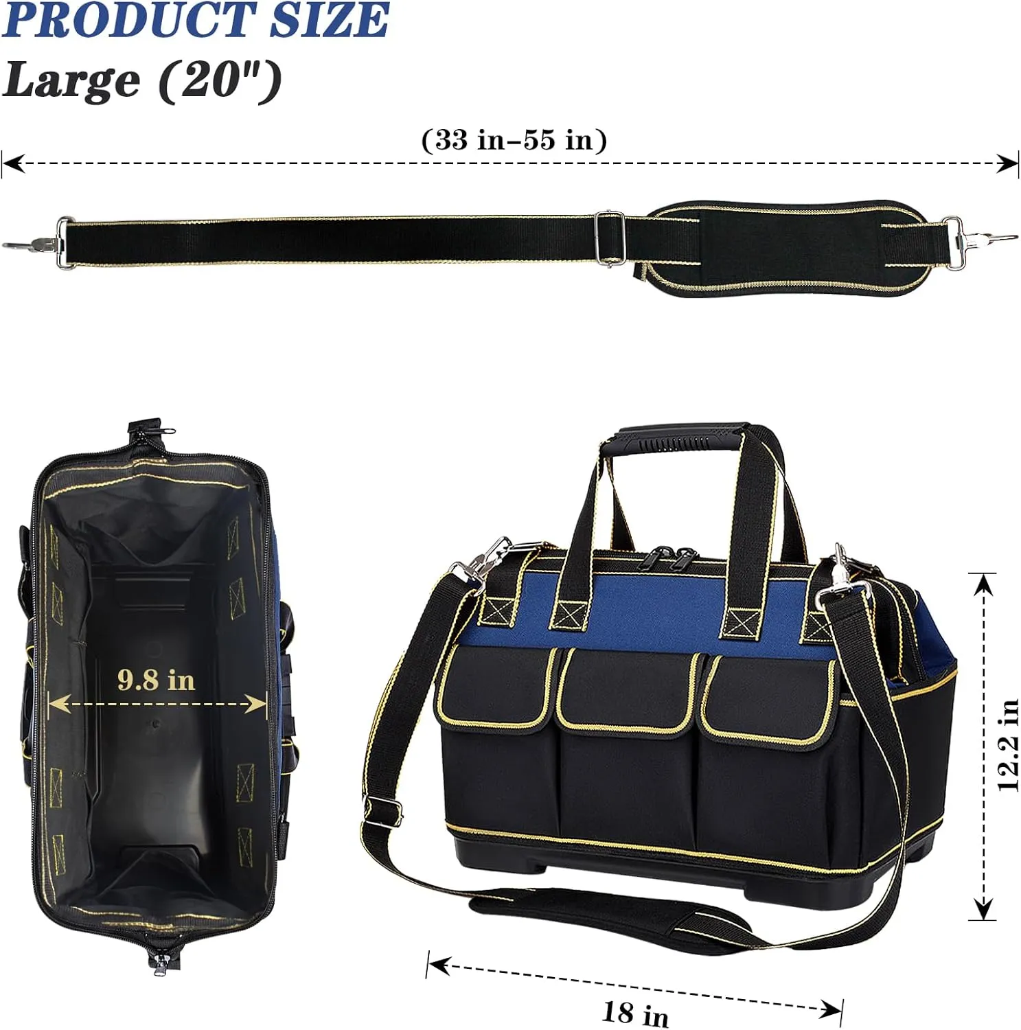 20 Inch Heavy duty tool bag, multifunctional tool bag organizer, waterproof and wear-resistant base with large double zipper and adjustable shoulder strap, gift for Father's Day and Men