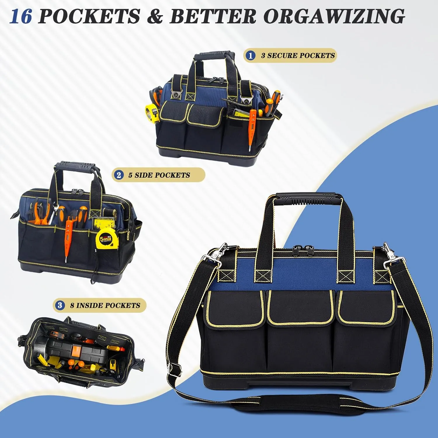 20 Inch Heavy duty tool bag, multifunctional tool bag organizer, waterproof and wear-resistant base with large double zipper and adjustable shoulder strap, gift for Father's Day and Men