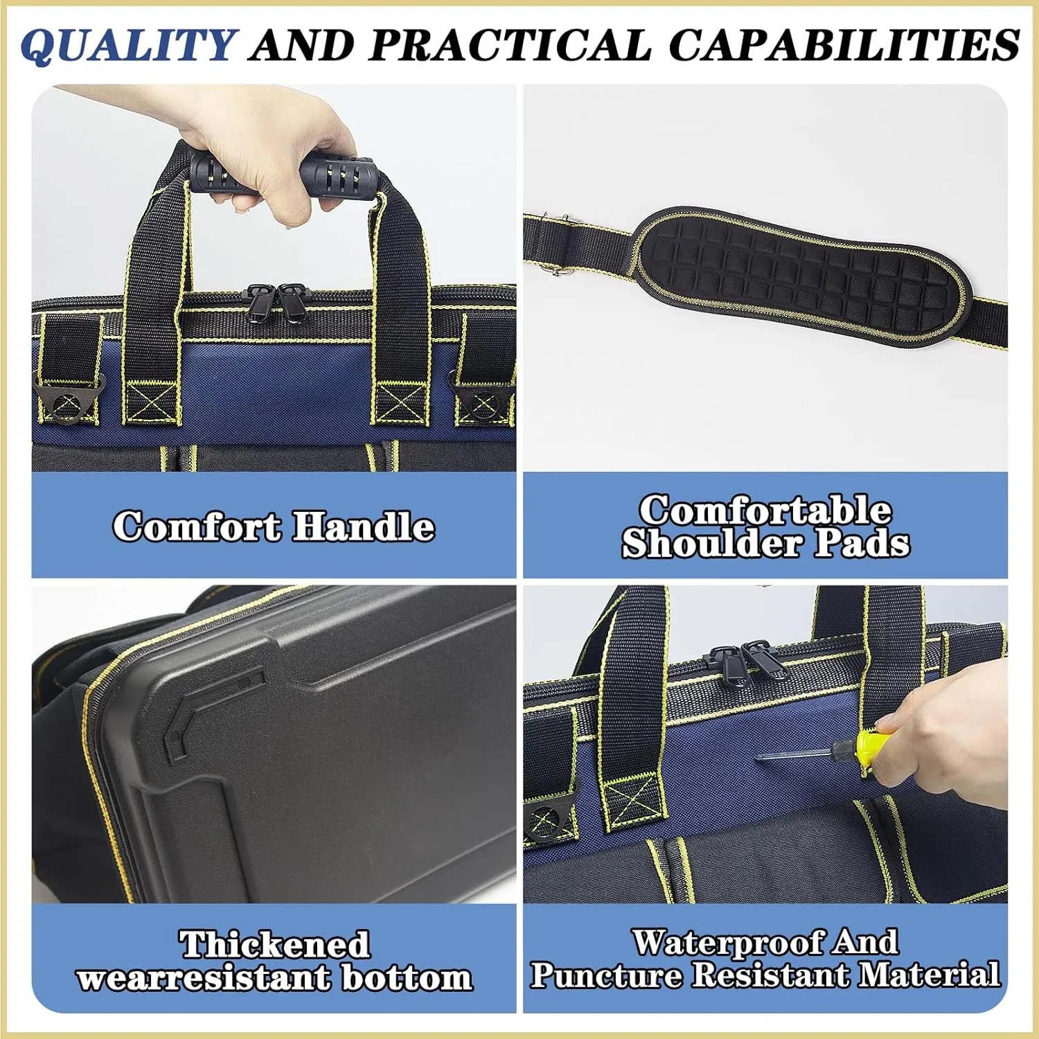 20 Inch Heavy duty tool bag, multifunctional tool bag organizer, waterproof and wear-resistant base with large double zipper and adjustable shoulder strap, gift for Father's Day and Men