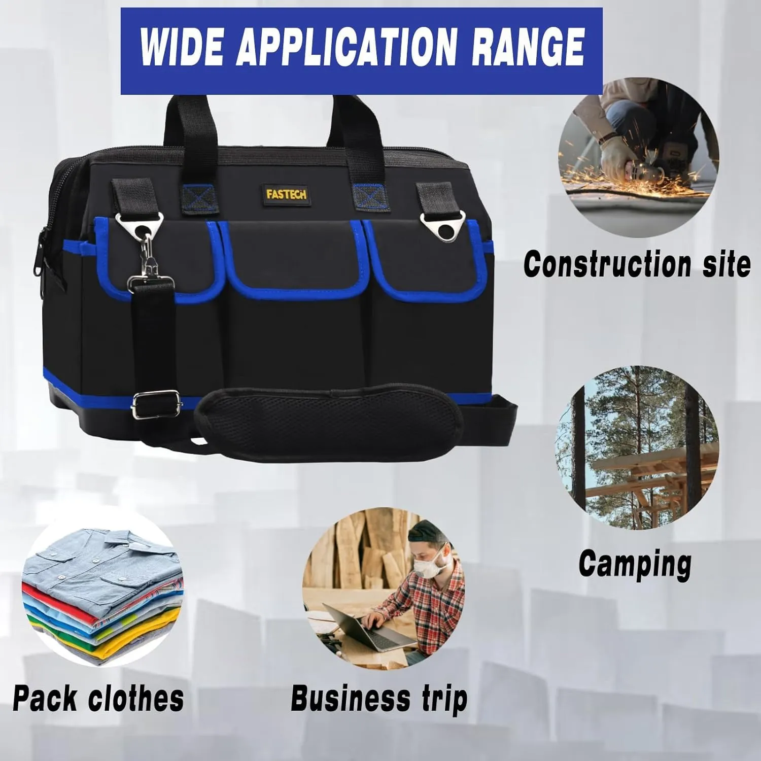 20 Inch Tool Bag, Waterproof Wide Mouth Tool Kit, Heavy Duty Tool Bag Organizer With Shoulder Straps and Molded Base, Tool Storage Package For Screwdrivers, Pliers, Nut Drivers (Blue20IN)