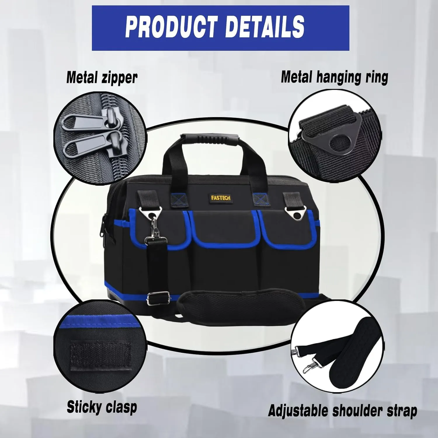 20 Inch Tool Bag, Waterproof Wide Mouth Tool Kit, Heavy Duty Tool Bag Organizer With Shoulder Straps and Molded Base, Tool Storage Package For Screwdrivers, Pliers, Nut Drivers (Blue20IN)