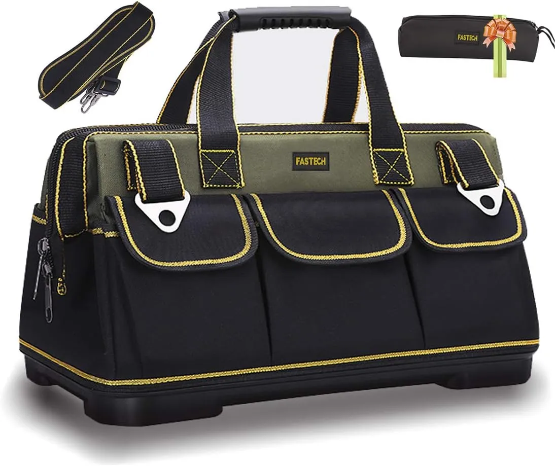 20-inch Wide Mouth Tool Bag with Water Proof Molded Base，Wide Mouth Tool Tote Bag,Waterproof Tool Organizer Bag for Men with Adjustable Shoulder Strap (20 inch)