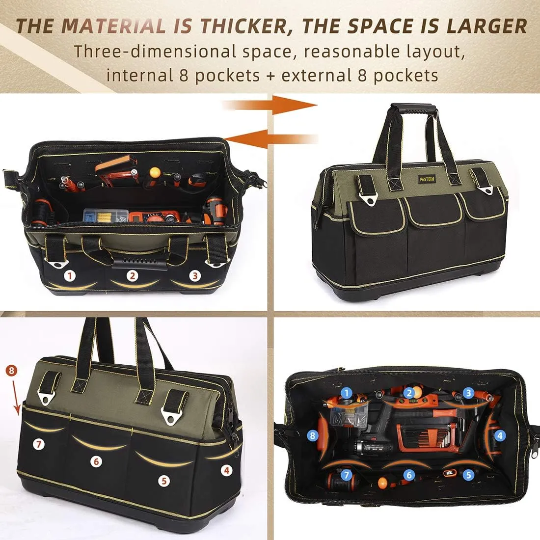 20-inch Wide Mouth Tool Bag with Water Proof Molded Base，Wide Mouth Tool Tote Bag,Waterproof Tool Organizer Bag for Men with Adjustable Shoulder Strap (20 inch)