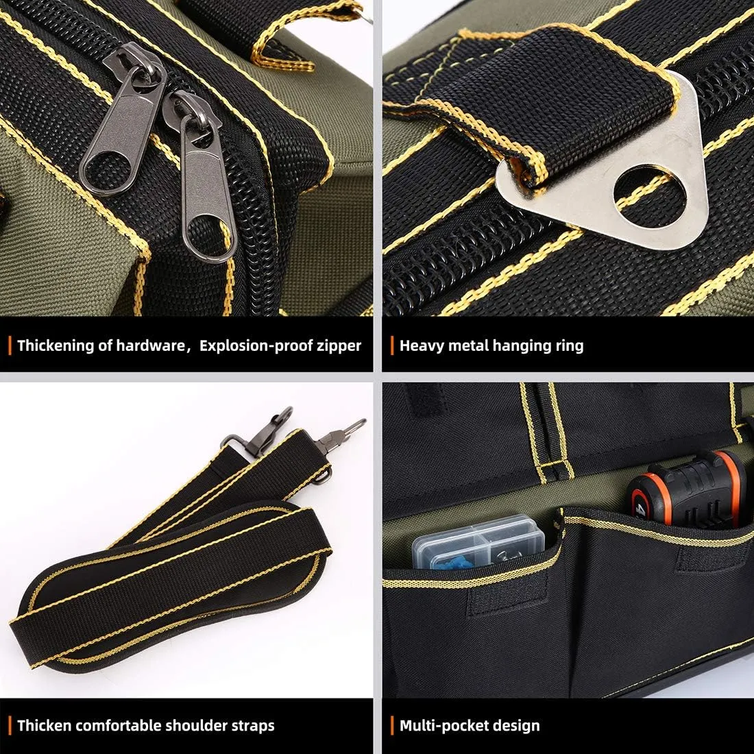 20-inch Wide Mouth Tool Bag with Water Proof Molded Base，Wide Mouth Tool Tote Bag,Waterproof Tool Organizer Bag for Men with Adjustable Shoulder Strap (20 inch)