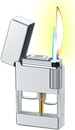 2024 Dual Flame Wheel, Windproof Refillable Butane Jet Flame Lighter with Visible Gas Tank Window, Camping, Travel (Butane Not Included)(Silver)