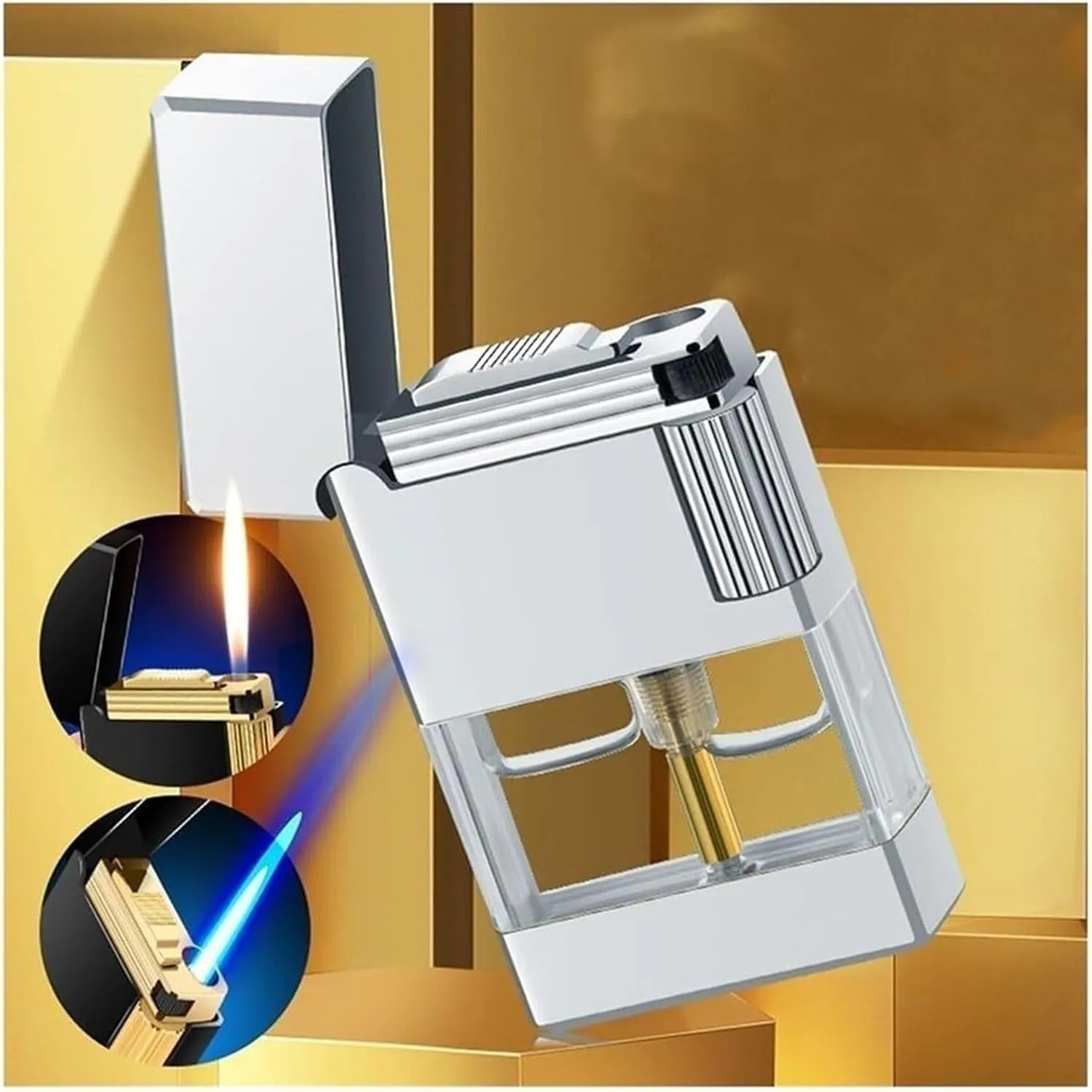 2024 Dual Flame Wheel, Windproof Refillable Butane Jet Flame Lighter with Visible Gas Tank Window, Camping, Travel (Butane Not Included)(Silver)