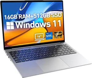 2025 Latest 16'' Full HD Laptop Computer Windows 11, 16GB RAM 512GB SSD, 12th Gen Intel N95 Processor(Max 3.4GHz), 8000mAh Battery, Backlit Keyboard, USB 3.2, Type-C, HDMI, WiFi5, BT, Webcam