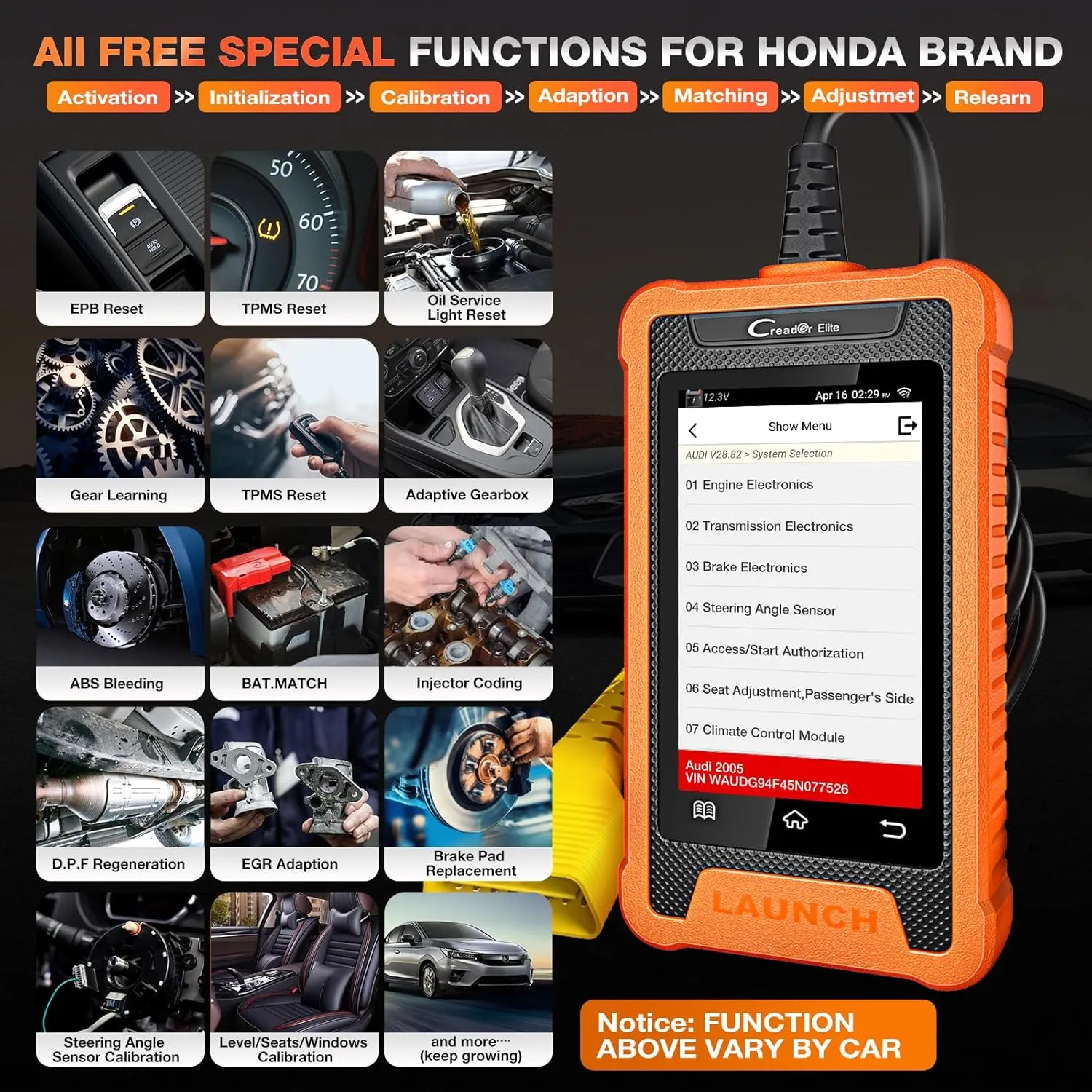2025 LAUNCH Creader Elite OBD2 Scanner for Honda Acura, Full System Bi-Directional Diagnostic Scan Tool, Full Reset Code Reader, AUTO VIN, Battery Registration, Injector Coding, Lifetime F-Ree Update