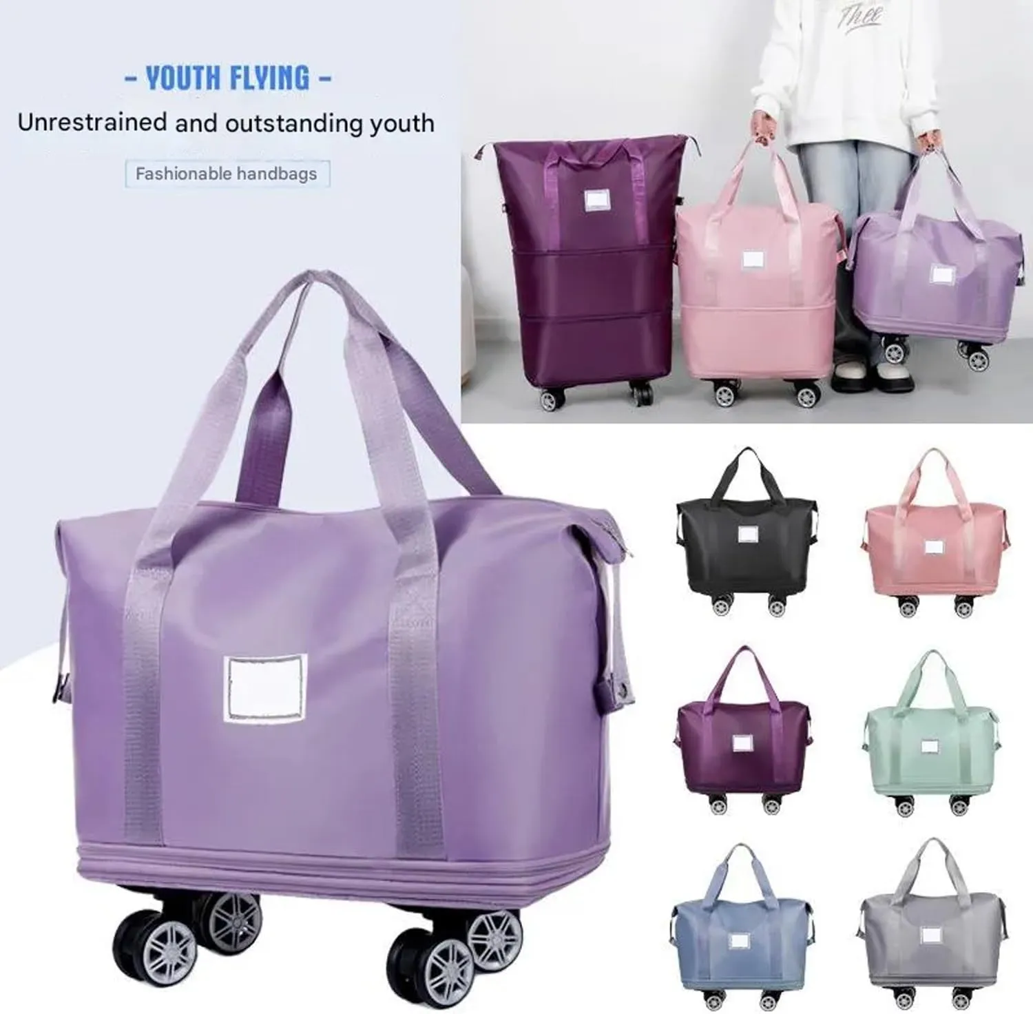2025 New Beente Travel Bag with Wheels, Expandable & Foldable with Removable Wheels, Large Capacity Rolling Luggage, Adjustable Shoulder Strap & Detachable Wheels for Universal Travel Or Camping(Pink)