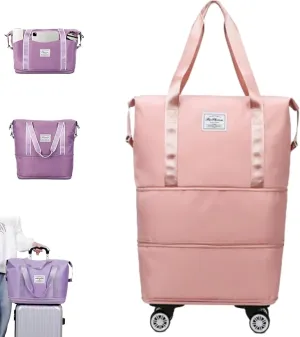 2025 New Beente Travel Bag with Wheels, Expandable & Foldable with Removable Wheels, Large Capacity Rolling Luggage, Adjustable Shoulder Strap & Detachable Wheels for Universal Travel Or Camping(Pink)