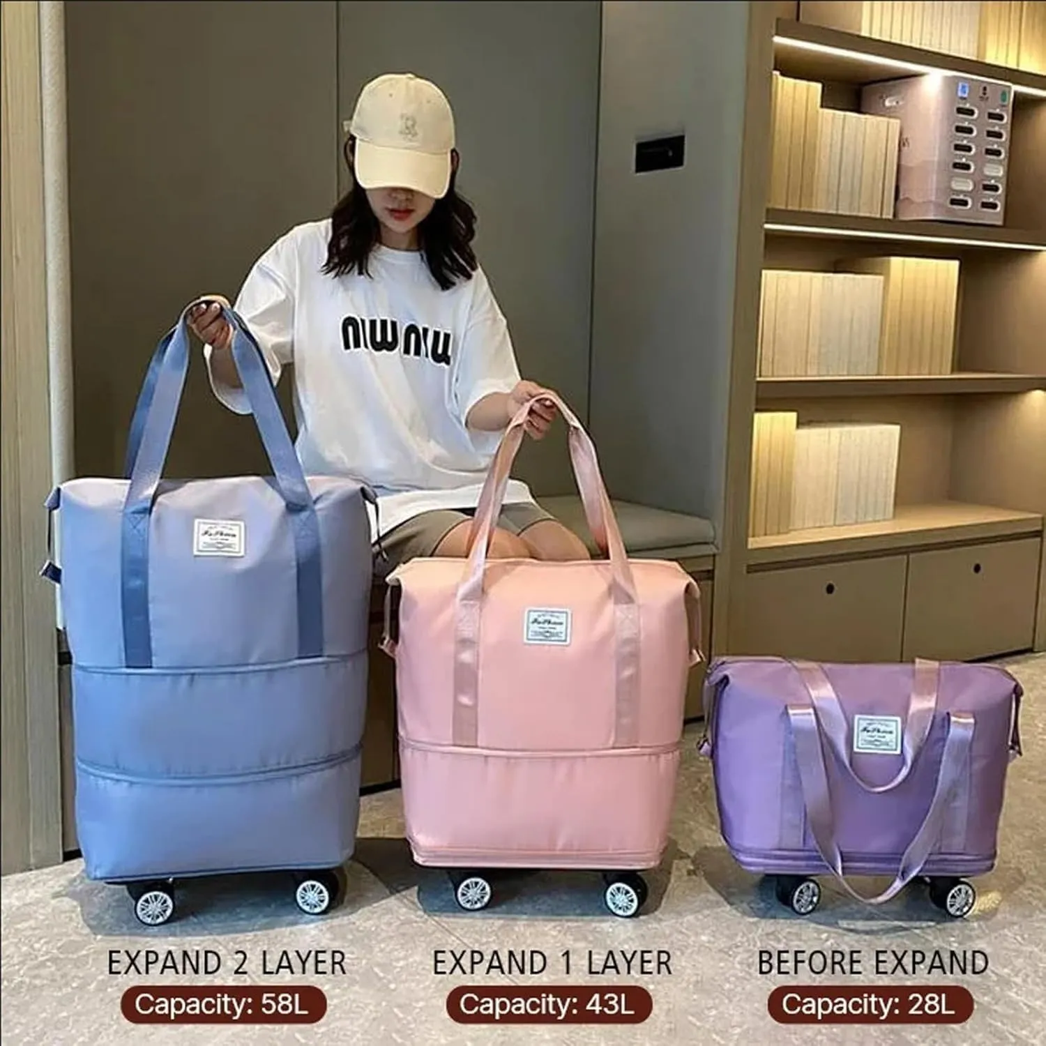 2025 New Beente Travel Bag with Wheels, Expandable & Foldable with Removable Wheels, Large Capacity Rolling Luggage, Adjustable Shoulder Strap & Detachable Wheels for Universal Travel Or Camping(Pink)