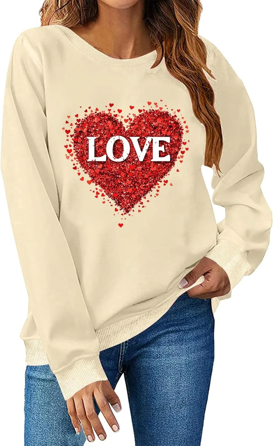 2025 Sweatshirt for Women Trendy Long Sleeve Heart Printed Tops Going Out Beach Playing Casual Blouses