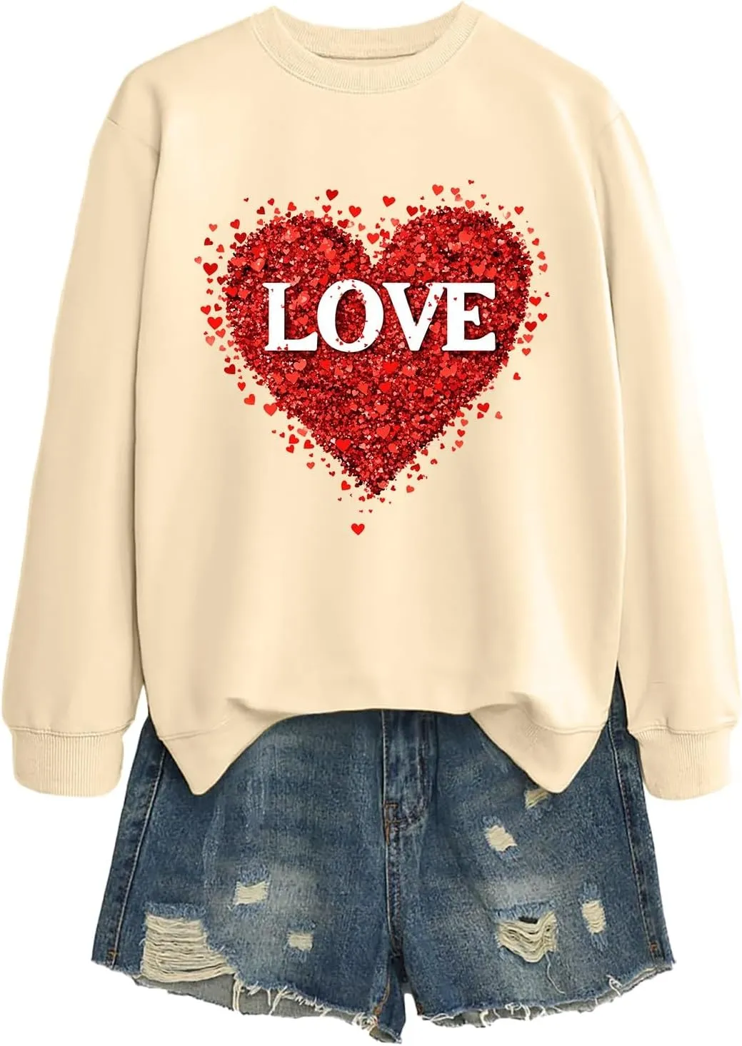 2025 Sweatshirt for Women Trendy Long Sleeve Heart Printed Tops Going Out Beach Playing Casual Blouses