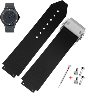 21mm Rubber Watch Strap with Replacement Band Tool for Hublot Big Bang (Black Stripe - Silver Buckle)