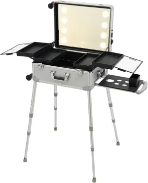 21" Aluminum Trolley Makeup Train Case with 8 LED Light, Rolling Cosmetic Organizer with Wheels, Height Adjustable Travel Cosmetic Organizer Box, Makeup Vanity Station for Travel
