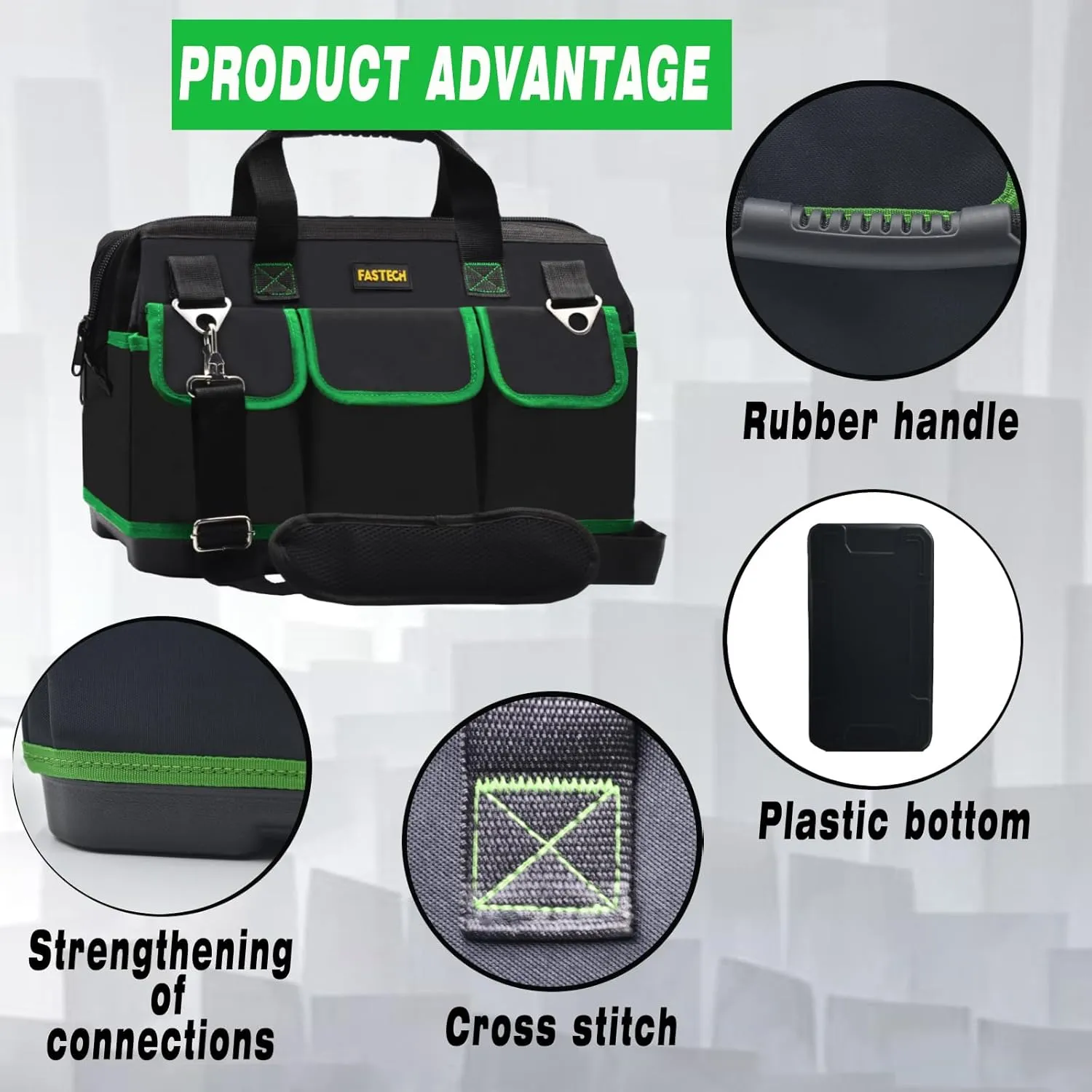 22 Inch Tool Bag With Molded Base and Comfortable Shoulder Straps, Waterproof Wide Mouth Tool Kit, Tool Storage Package For Men/Women (Green22IN)