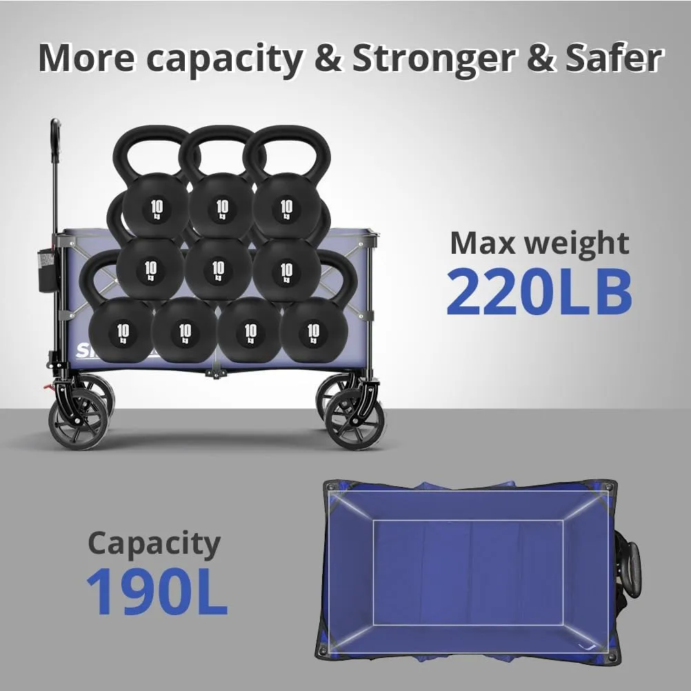 220L Collapsible Wagon with Big Wheels - Heavy Duty Utility Foldable Cart, All-Terrain Wheel & Drink Holders Portable Grocery Carts for Outdoor, Travel, Camping, Beach, Garden,Fishing