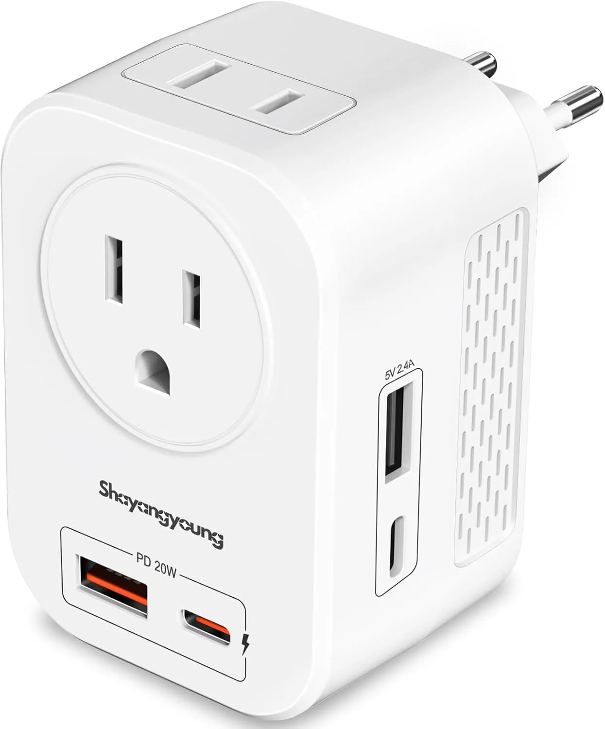 220V to 110V Voltage Converter US to Europe International Universal Travel Adapter, 20W PD With 2 USB-A 2 USB-C Port, Worldwide Power Converter Plug Combo US to Spain Italy Greece White-F