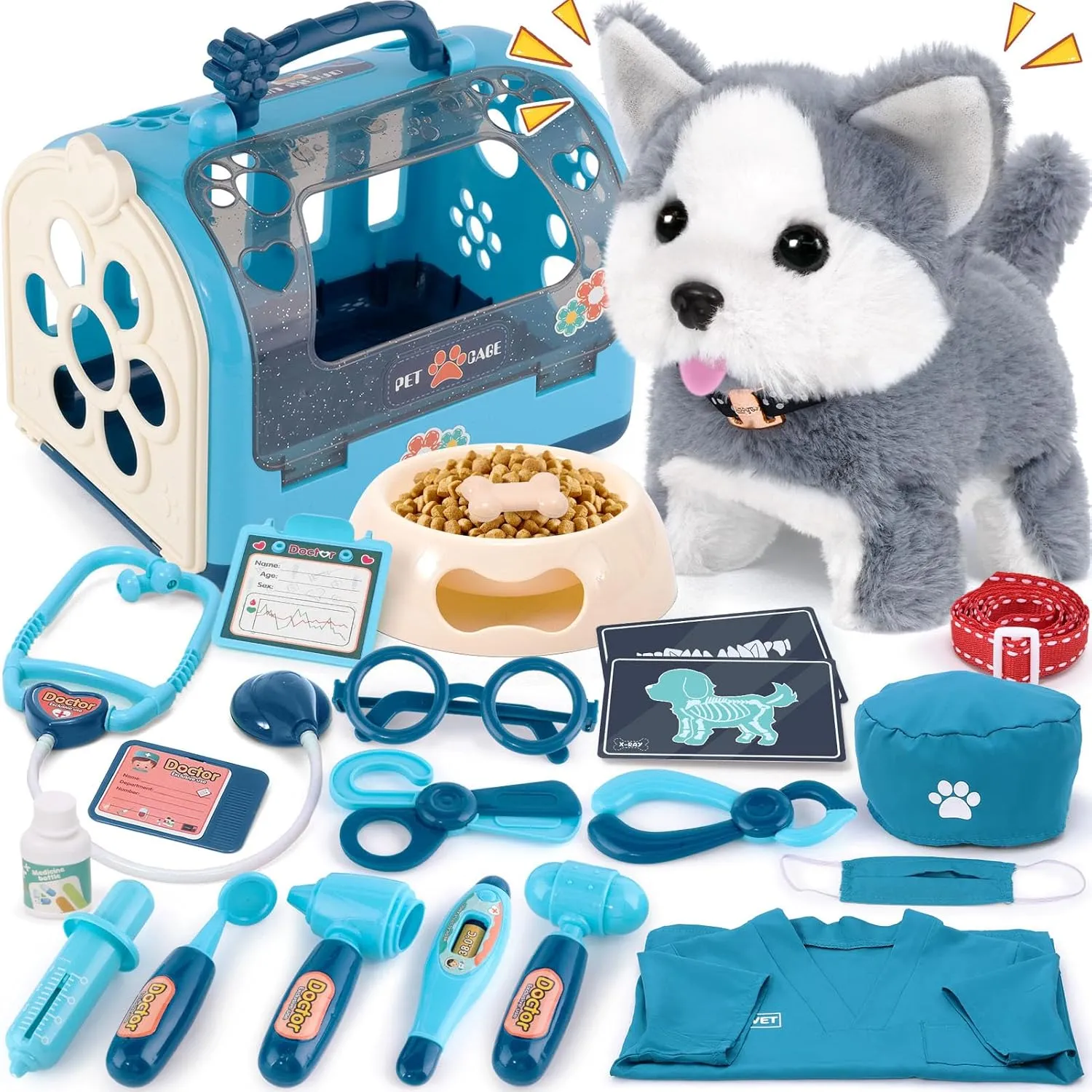 22Pcs Dog Toys for Kids Vet Doctor Kit,Walking Barking Electronic Interactive Husky Dog Toy,Veterinarian Playset for Kids,Pretend Play Birthday Gift Preschool Toy for Boys Toddlers 3 4 5 6 