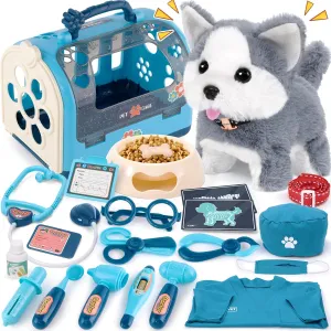 22Pcs Dog Toys for Kids Vet Doctor Kit,Walking Barking Electronic Interactive Husky Dog Toy,Veterinarian Playset for Kids,Pretend Play Birthday Gift Preschool Toy for Boys Toddlers 3 4 5 6 