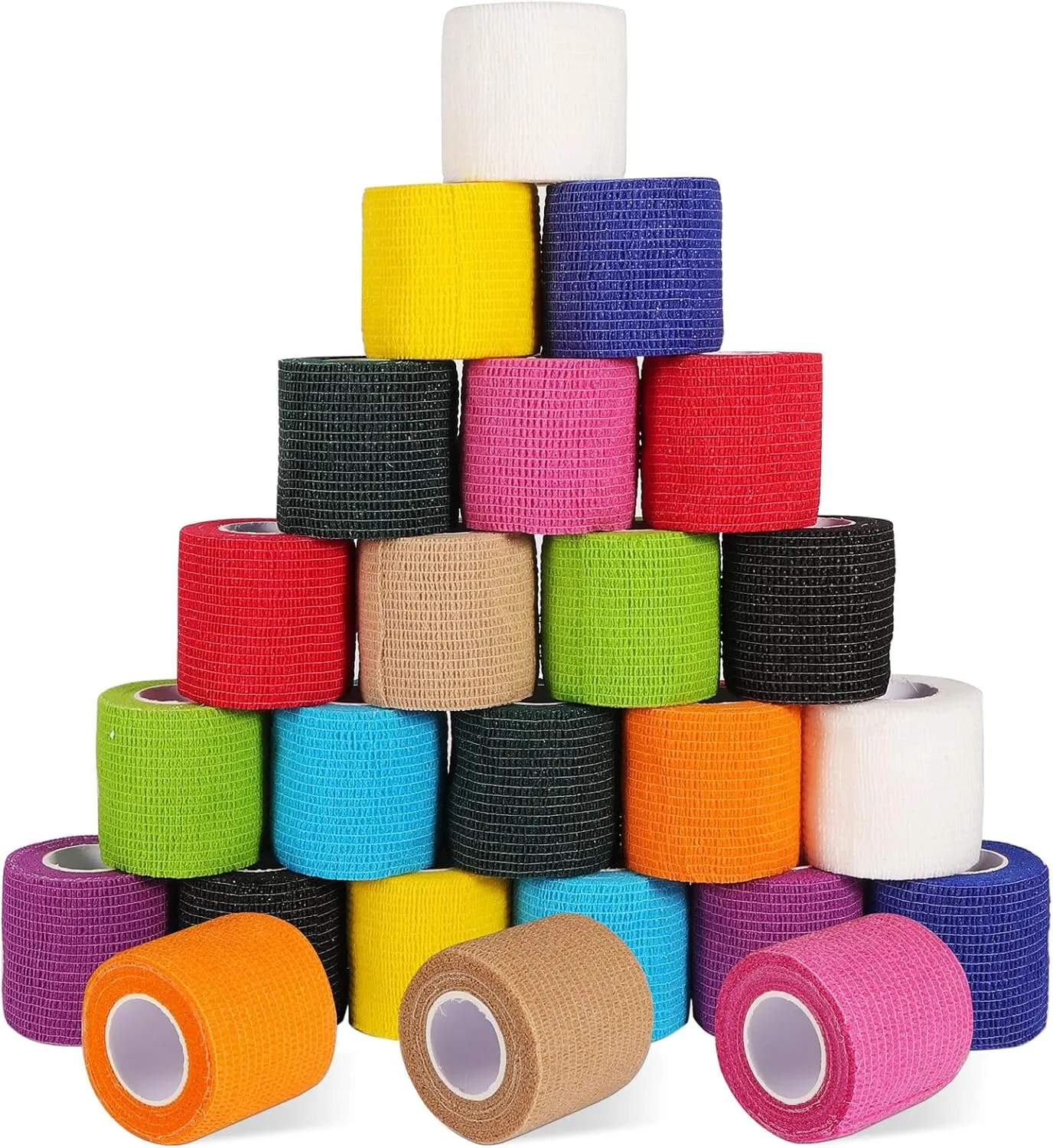 24 Pack Self Adhesive Bandage Wrap, 2” x 5 Yards Cohesive Medical Tape Elastic Grip Tape Black Sports Tape Athletic for Ankle, Wrist Sprains, Pet First Aid (Multi-Color, 2 Inch)