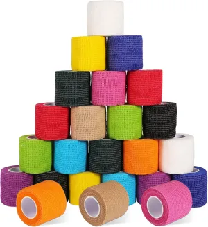 24 Pack Self Adhesive Bandage Wrap, 2” x 5 Yards Cohesive Medical Tape Elastic Grip Tape Black Sports Tape Athletic for Ankle, Wrist Sprains, Pet First Aid (Multi-Color, 2 Inch)