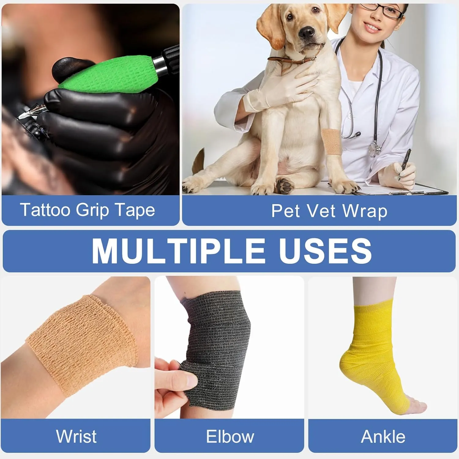 24 Pack Self Adhesive Bandage Wrap, 2” x 5 Yards Cohesive Medical Tape Elastic Grip Tape Black Sports Tape Athletic for Ankle, Wrist Sprains, Pet First Aid (Multi-Color, 2 Inch)