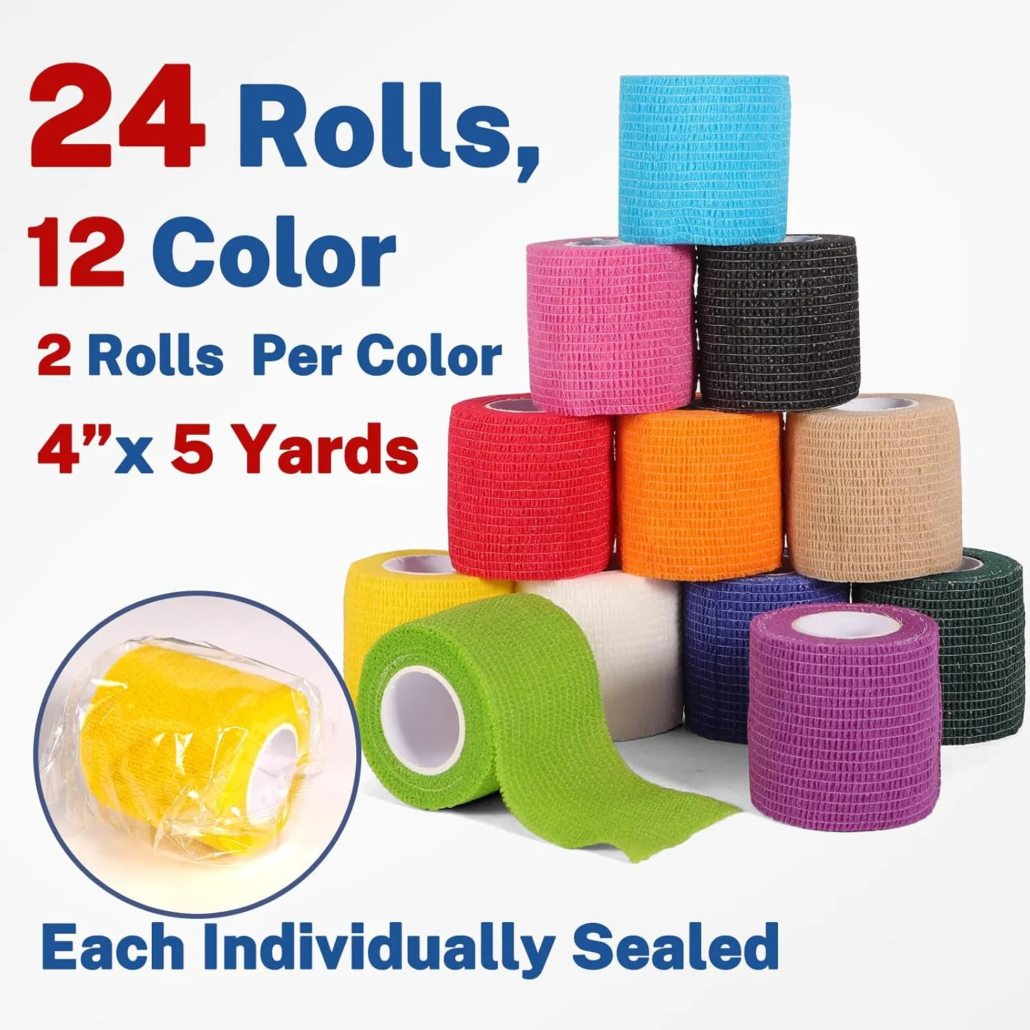 24 Pack Self Adhesive Bandage Wrap, 2” x 5 Yards Cohesive Medical Tape Elastic Grip Tape Black Sports Tape Athletic for Ankle, Wrist Sprains, Pet First Aid (Multi-Color, 2 Inch)
