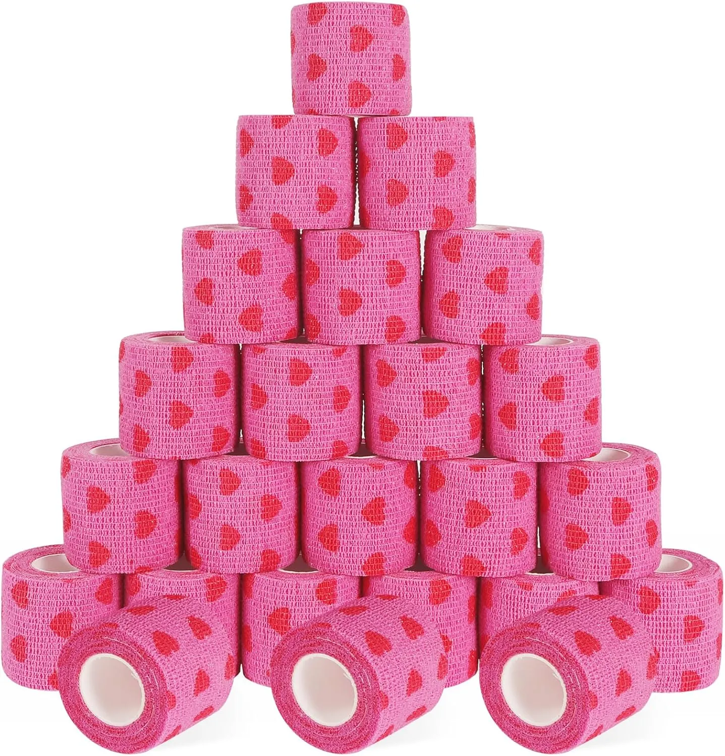 24 Pack Self Adhesive Bandage Wrap, 2” x 5 Yards Cohesive Medical Tape Elastic Grip Tape Black Sports Tape Athletic for Ankle, Wrist Sprains, Pet First Aid (Pink Heart, 2 Inch)
