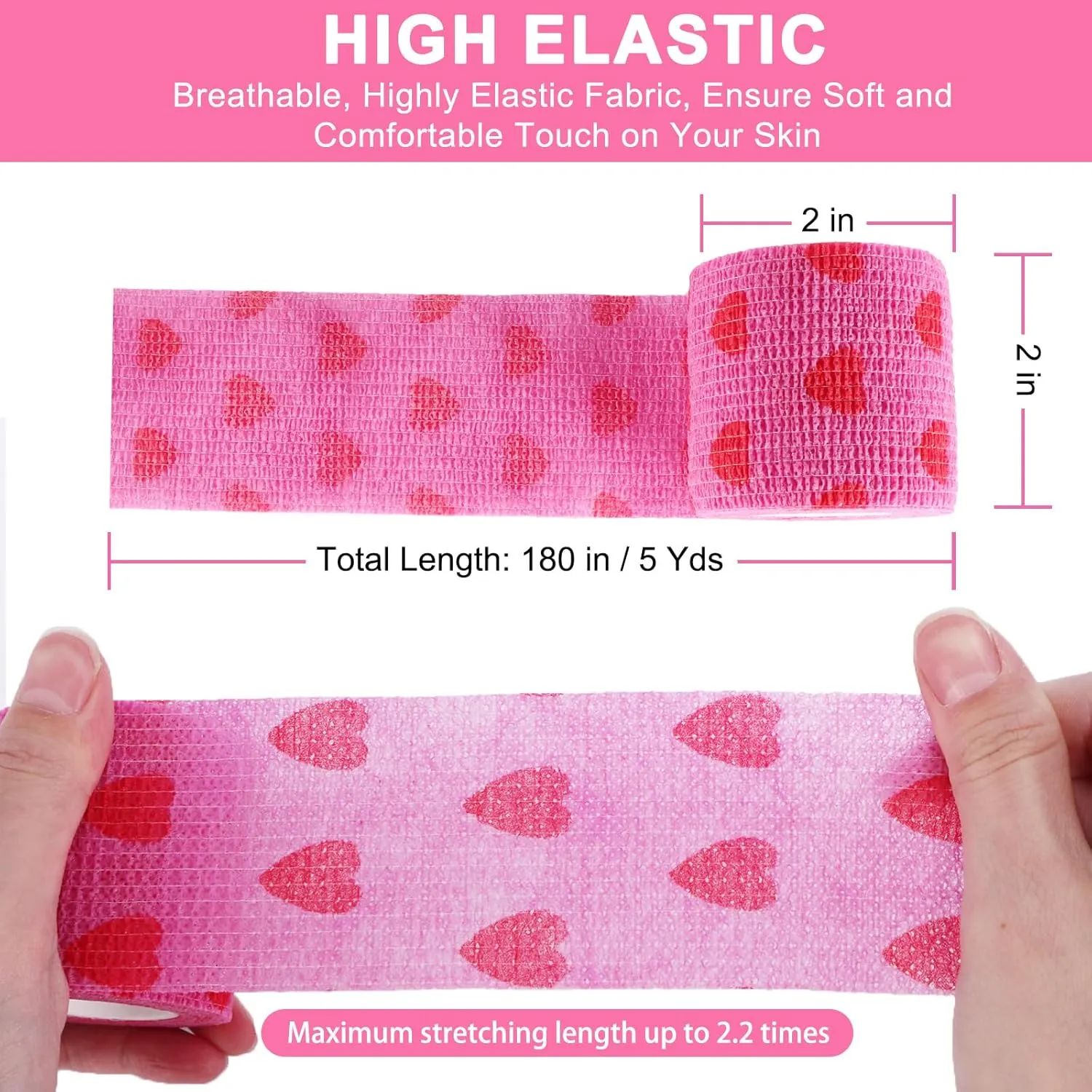 24 Pack Self Adhesive Bandage Wrap, 2” x 5 Yards Cohesive Medical Tape Elastic Grip Tape Black Sports Tape Athletic for Ankle, Wrist Sprains, Pet First Aid (Pink Heart, 2 Inch)
