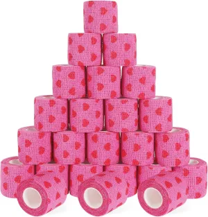24 Pack Self Adhesive Bandage Wrap, 2” x 5 Yards Cohesive Medical Tape Elastic Grip Tape Black Sports Tape Athletic for Ankle, Wrist Sprains, Pet First Aid (Pink Heart, 2 Inch)