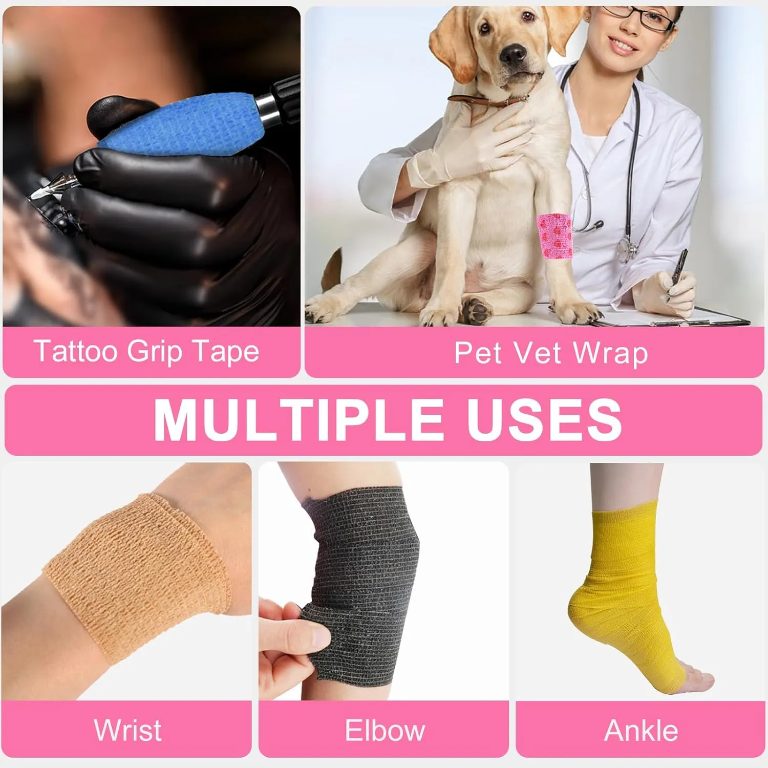 24 Pack Self Adhesive Bandage Wrap, 2” x 5 Yards Cohesive Medical Tape Elastic Grip Tape Black Sports Tape Athletic for Ankle, Wrist Sprains, Pet First Aid (Pink Heart, 2 Inch)