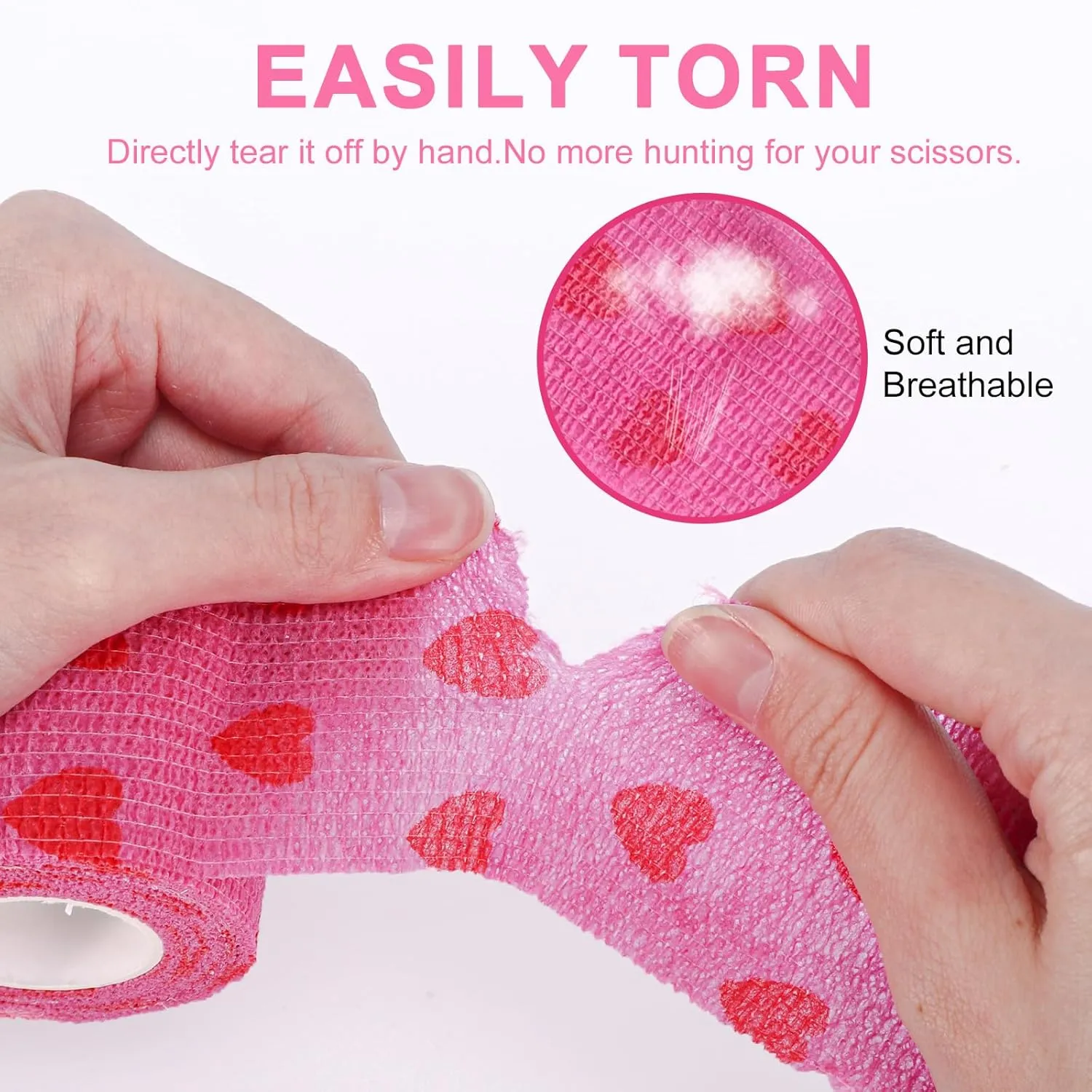 24 Pack Self Adhesive Bandage Wrap, 2” x 5 Yards Cohesive Medical Tape Elastic Grip Tape Black Sports Tape Athletic for Ankle, Wrist Sprains, Pet First Aid (Pink Heart, 2 Inch)