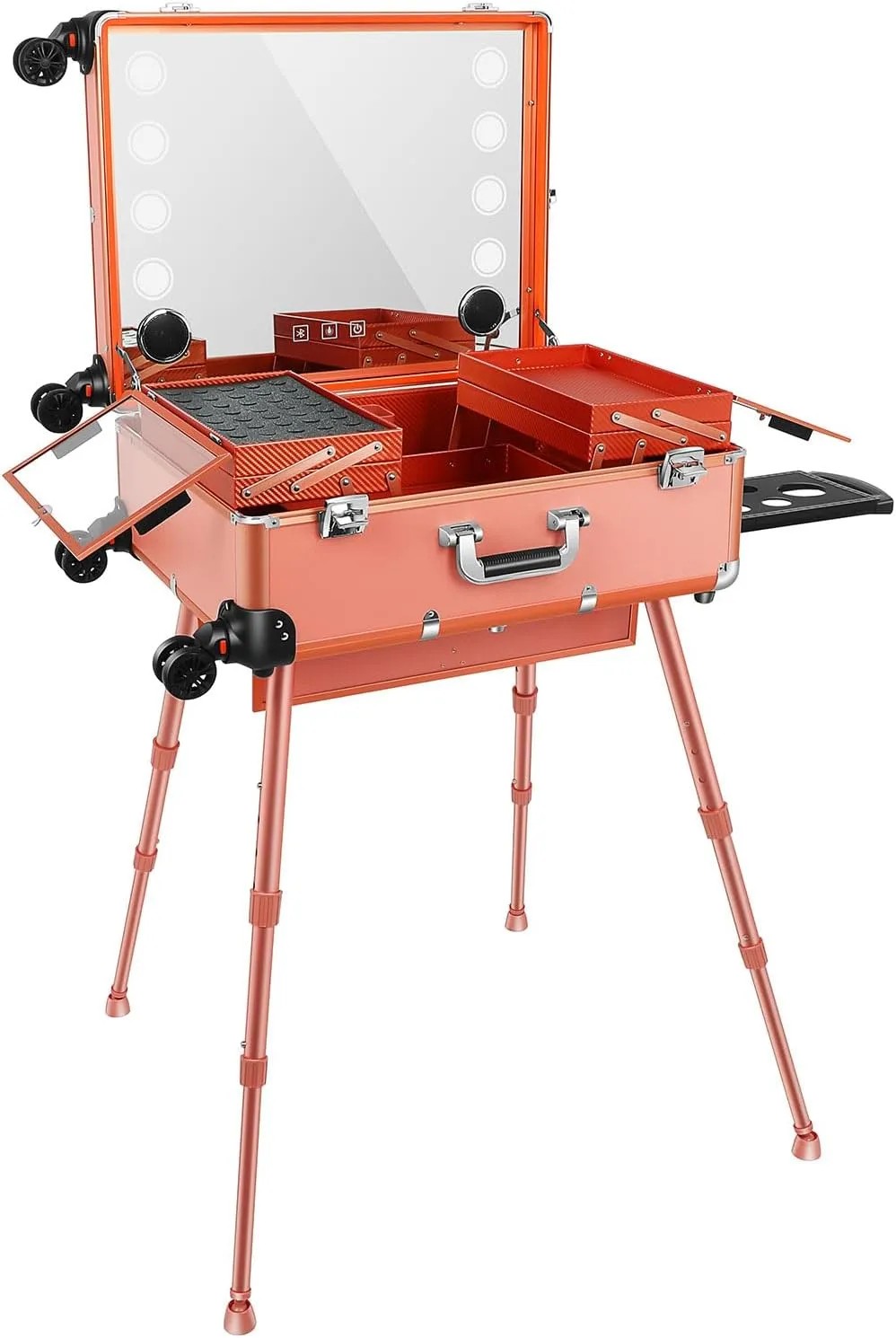 24'' Rolling Makeup Train Case Aluminum Trolley Cosmetic Case Studio Vanity Station for Travel Make up Artist Studio Free Standing Box Case with Led Light with Speaker Stand Mirror Rose Gold