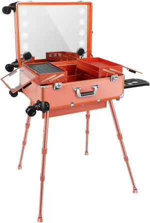 24'' Rolling Makeup Train Case Aluminum Trolley Cosmetic Case Studio Vanity Station for Travel Make up Artist Studio Free Standing Box Case with Led Light with Speaker Stand Mirror Rose Gold