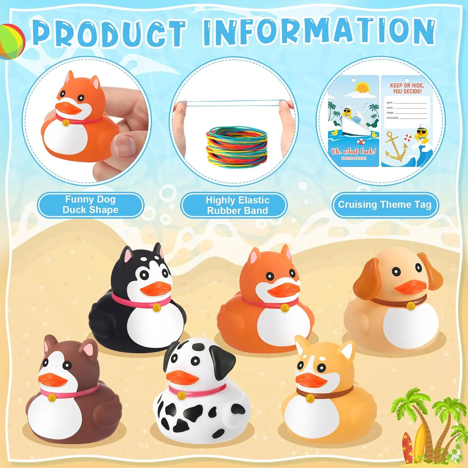 24 Sets Dog Rubber Duckies, Mini Cruise Duck Tag Kit Includes 24 Small Dog Ducks 24 Cruising Tag Cards 24 Rubber Bands Floating Duck Pool Bath Toys for Carnival Rewards Party Favor