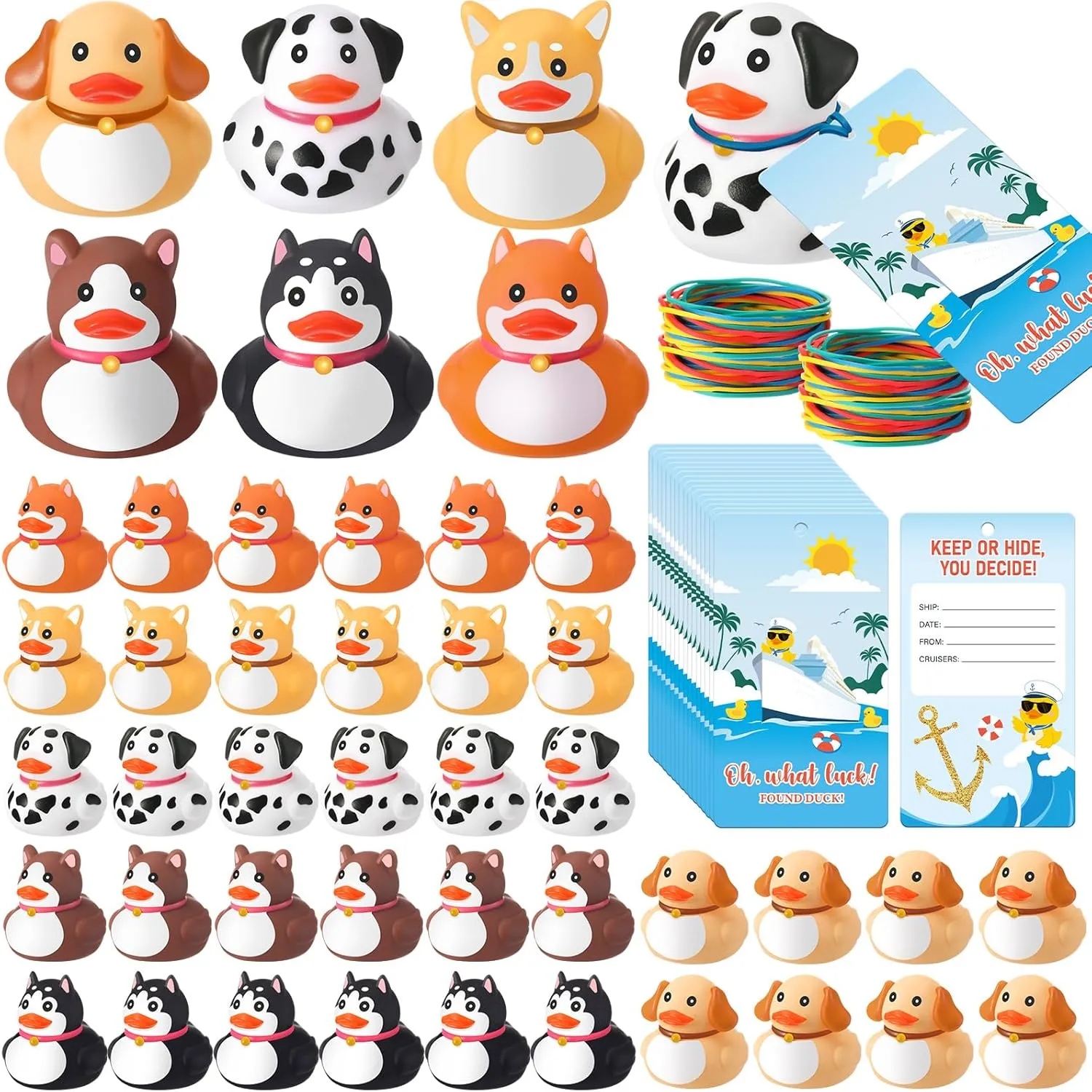 24 Sets Dog Rubber Duckies, Mini Cruise Duck Tag Kit Includes 24 Small Dog Ducks 24 Cruising Tag Cards 24 Rubber Bands Floating Duck Pool Bath Toys for Carnival Rewards Party Favor