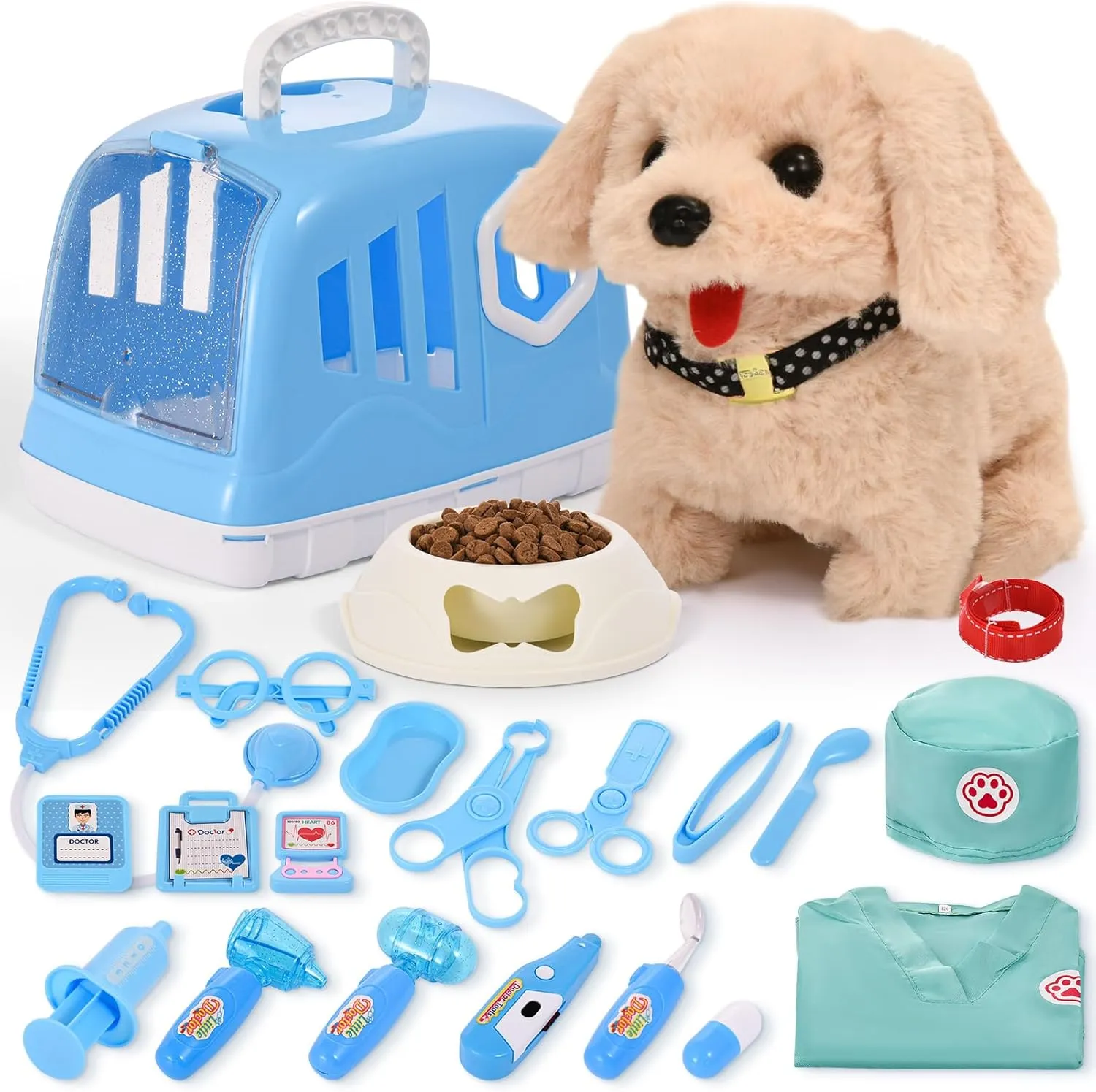 24Pcs Dog Toys for Kids Doctor Kit, Walking Barking Electronic Interactive Stuffed Dog Vet Kit Costume, Puppy Pet Care Veterinarian Set, Doctor Play Gifts for Kids Girls 3 4 5 6  Year Old(Blue