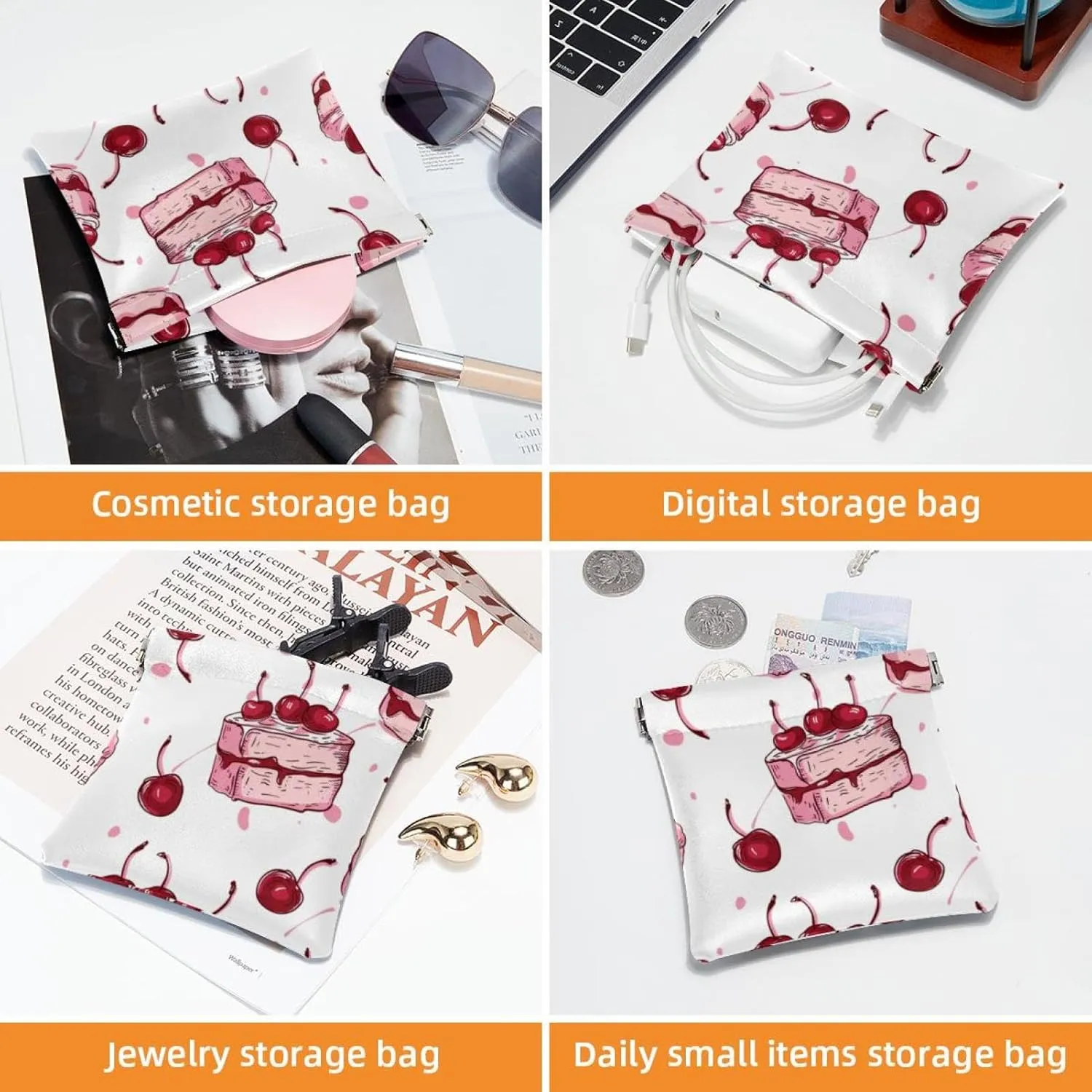 2Pcs Faux Leather Pocket Box, Small Makeup Bag for Purse, Self-Closing Makeup Pouch for Women, Mini Travel Storage for Cosmetics, Cute Cartoon Cherry Cake