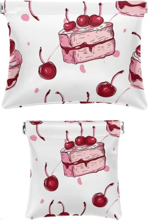 2Pcs Faux Leather Pocket Box, Small Makeup Bag for Purse, Self-Closing Makeup Pouch for Women, Mini Travel Storage for Cosmetics, Cute Cartoon Cherry Cake