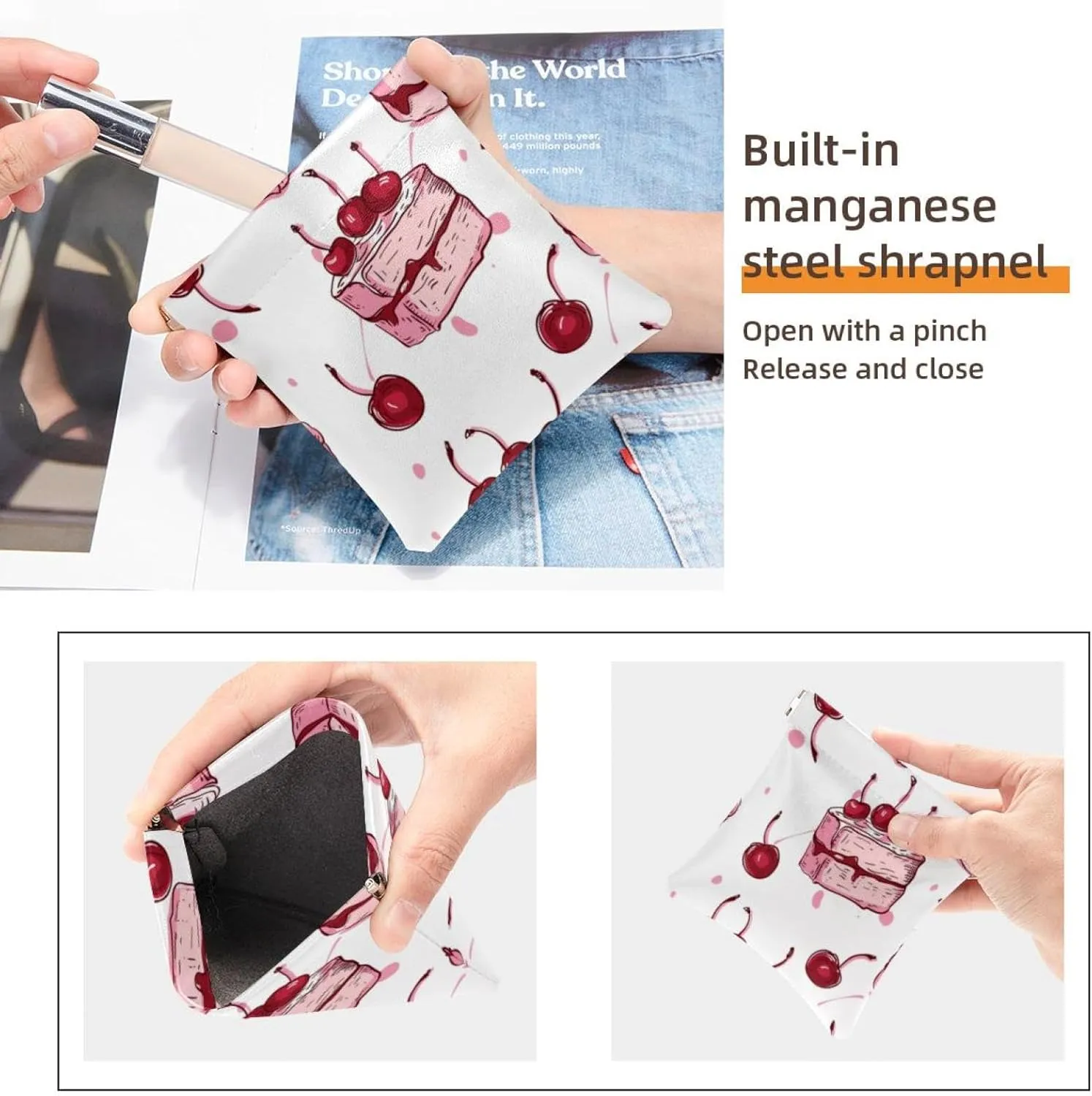 2Pcs Faux Leather Pocket Box, Small Makeup Bag for Purse, Self-Closing Makeup Pouch for Women, Mini Travel Storage for Cosmetics, Cute Cartoon Cherry Cake