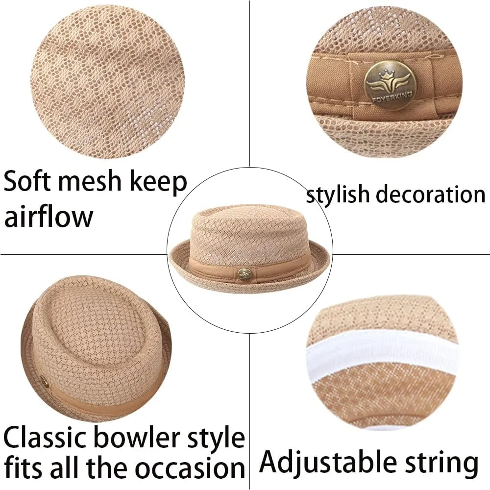 2Pcs Summer Mesh Pork Pie Hat Beach Party Fedora Cap Boater Porkpie Breaking Bad Flat Hat for Men Women Straw