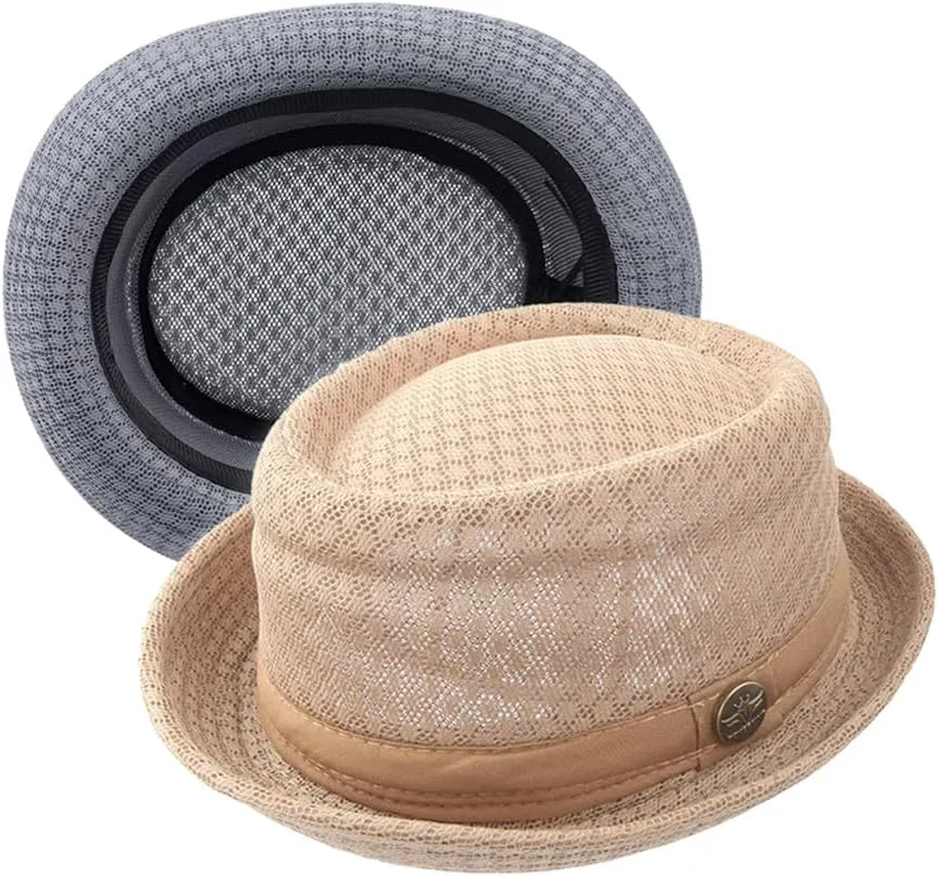 2Pcs Summer Mesh Pork Pie Hat Beach Party Fedora Cap Boater Porkpie Breaking Bad Flat Hat for Men Women Straw