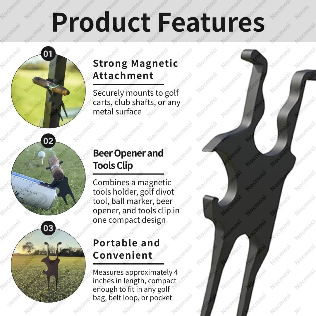 3-in-1 Golf Holder Divot Repair Tool, Magnetic Holder for Golf Cart Clip, Divot Tool, Ball Marker, Beer Opener, Compact Golf Accessory for Golfers, Fits Bag, Belt, Beach Chair, Fishing Rod(3pcs)