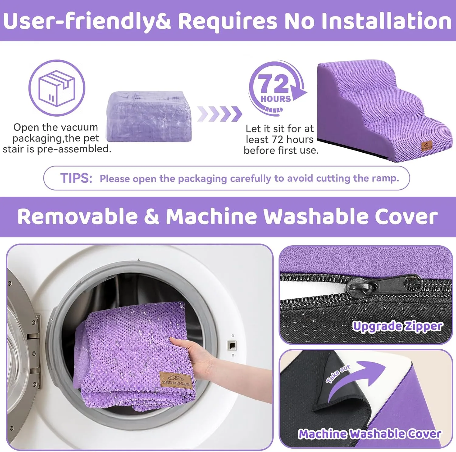 3-Step Dog Stairs for Small Dogs 16" H, Curved Pet Steps for Old/Injured Dogs Cats Climbing Bed, Chair or Couch, Premium Foam Non-Slip Ramp for Indoor Pets up to 50lbs, Purple
