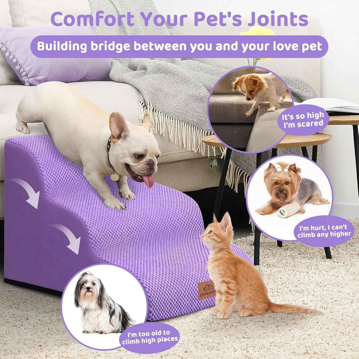3-Step Dog Stairs for Small Dogs 16" H, Curved Pet Steps for Old/Injured Dogs Cats Climbing Bed, Chair or Couch, Premium Foam Non-Slip Ramp for Indoor Pets up to 50lbs, Purple